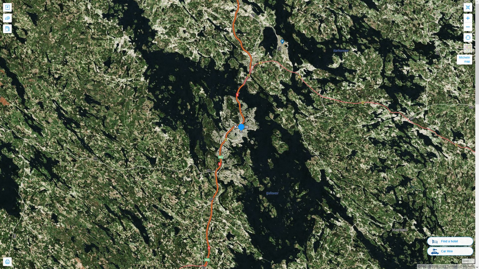 Kuopio Finlande Autoroute et carte routiere avec vue satellite